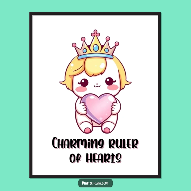 Funny Kawaii Crown Heart Digital Art: Royal Character Wall Decor, Great Funny Gift