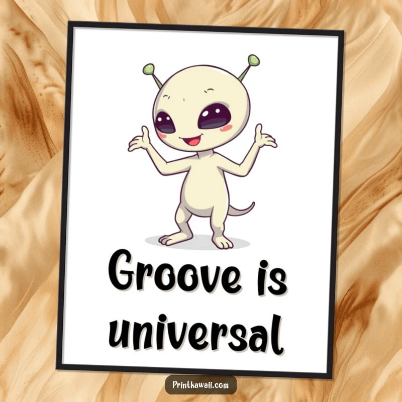 Funny alien character doing a silly dance in a digital art print, ready to be downloaded and displayed for instant humor.