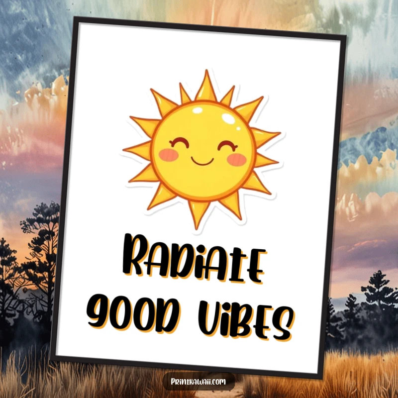 Funny digital art print of a happy sun character beaming with light, perfect for printable wall decor and instant cheer.