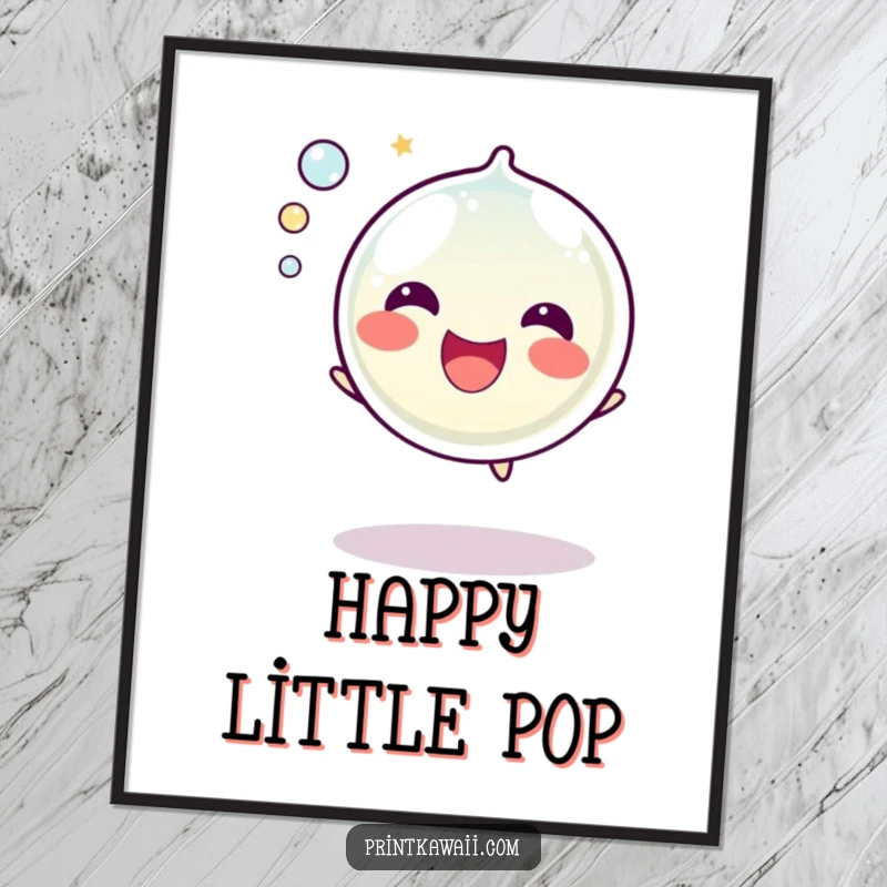 Funny Bubble Digital Art Print: A vibrant artwork of a happy bubble character mid-pop, emitting a joyful sound, ready to add cheer.