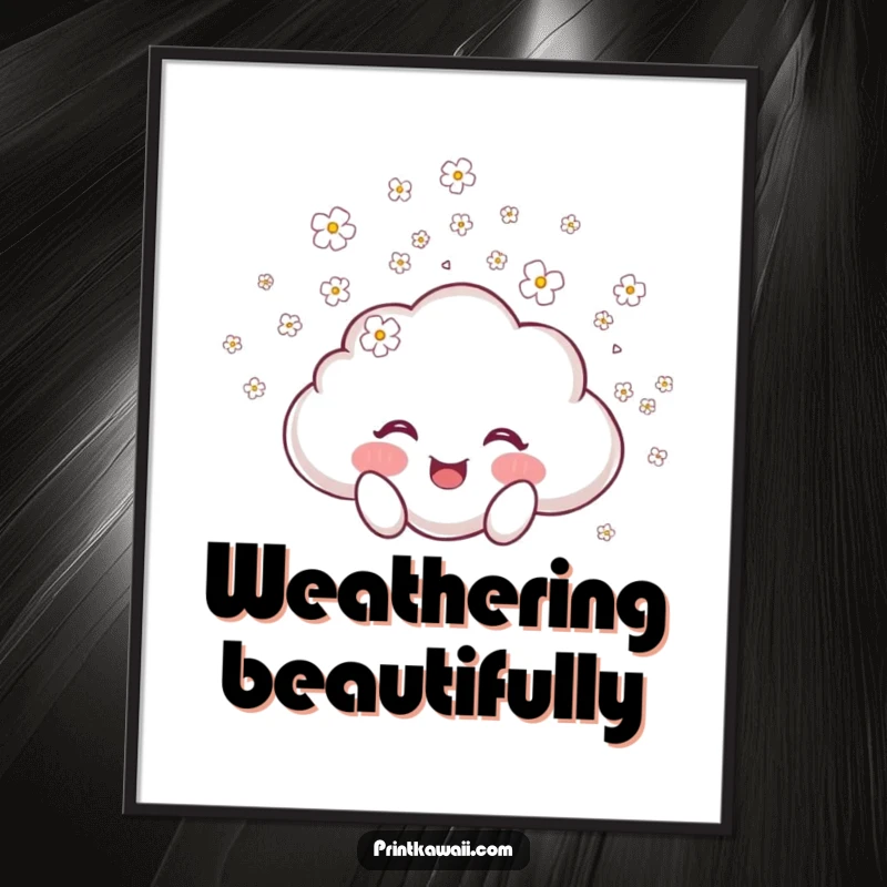 Funny digital art print of a joyful cloud character showering tiny blossoms, symbolizing happiness, gentleness, and the beauty of nature.
