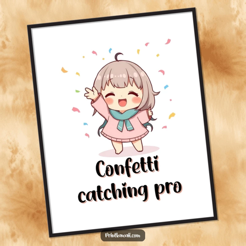 Funny digital art print of a cute character in a playful pose catching falling confetti, ideal for playful decor.