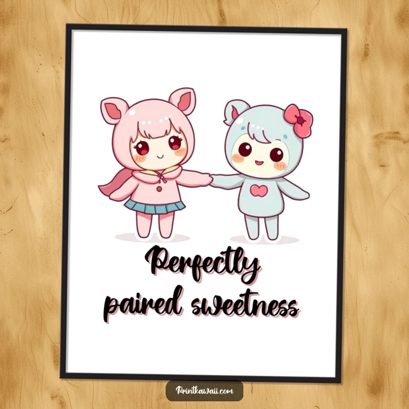 Funny digital art print of two cute kawaii characters holding hands, wonderfully depicting love and friendship.