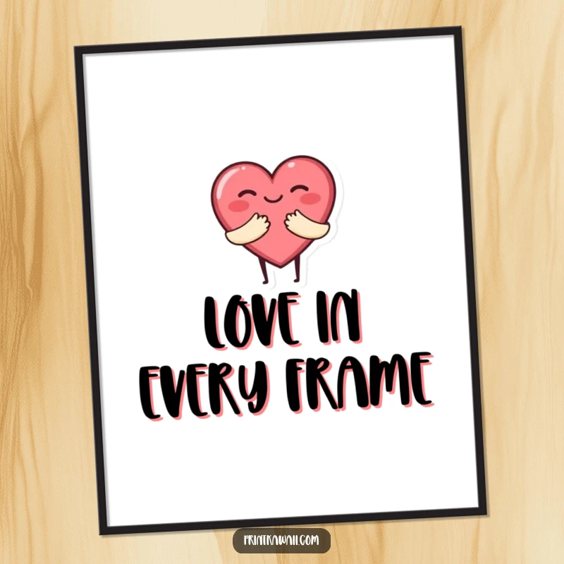 Funny digital art print of a cute heart character giving a big, warm hug, symbolizing love, affection, and happiness.