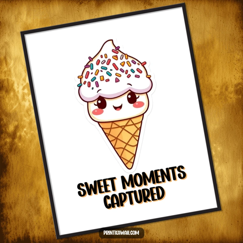 Funny ice cream cone digital art print featuring cheerful sprinkle hair, bursting with happiness, a perfect funny gift.