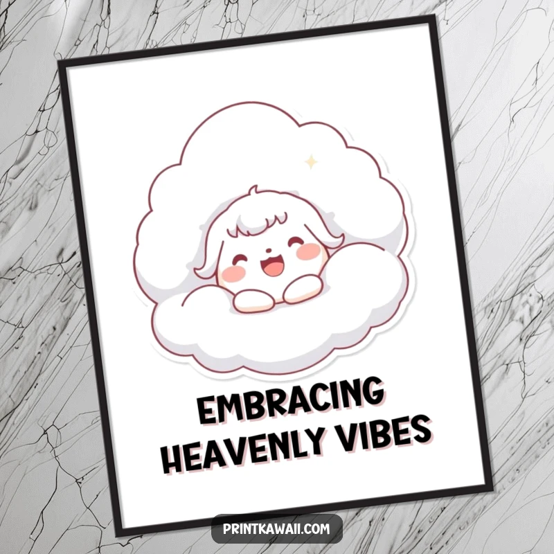 Funny Kawaii Cloud Hug Digital Art Print: Whimsical character joyfully embracing a fluffy cloud, perfect for cheerful decor.