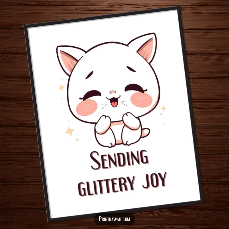 Funny Kawaii Kiss Digital Art Print: Whimsical character giggling and blowing glittery kisses, perfect for cheerful decor.