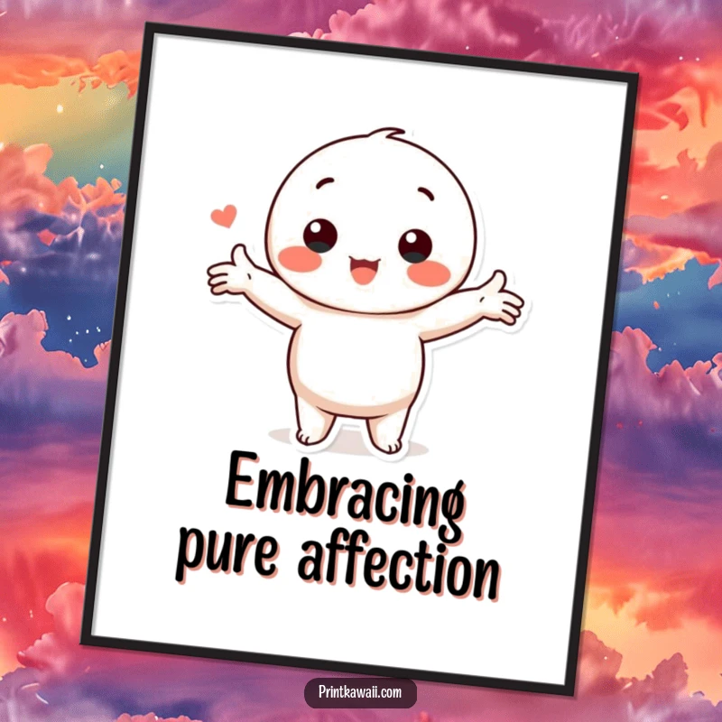 Funny Kawaii Love Digital Art Print: Whimsical character in a loving pose with arms outstretched, perfect for warm decor.