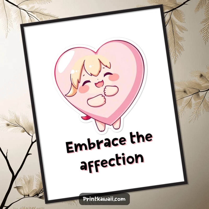 Funny digital art print of a kawaii character joyfully embracing a large heart, perfect for immediate download and display.