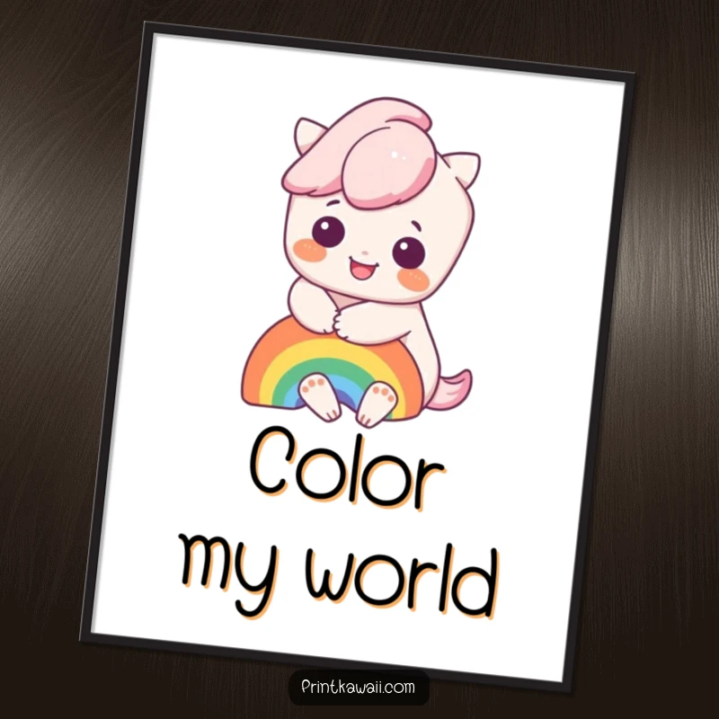 Funny digital art print of a cute kawaii character joyfully hugging a colorful rainbow, offering instant happiness and charm.