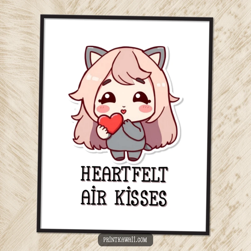 Funny Digital Art Print: A gentle character with a smile blowing a kiss towards a loving heart.