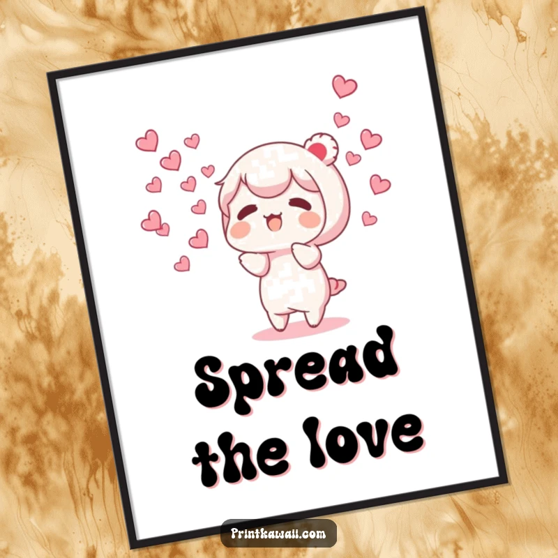 Funny digital art print of a character releasing a flock of tiny, fluttering hearts, ready to download and share love.