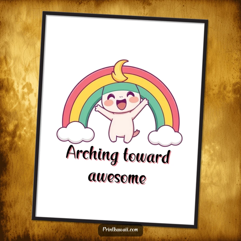 Funny Digital Art Print of a playful rainbow character arching joyfully, ready to add instant colorful cheer to any display.