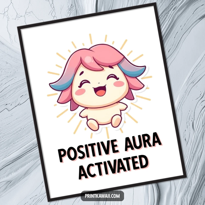 Funny digital art print of a character radiating positive energy with a bright smile, ideal for uplifting decor.