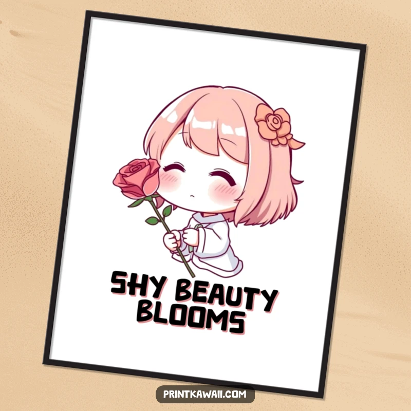 Funny Digital Art Print: A shy character blushing intensely, holding a single perfect rose.