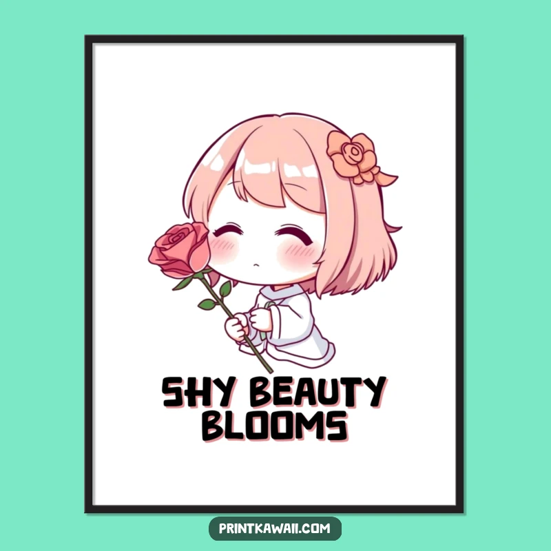 Funny Romantic Digital Print: Blushing Character & Rose, Instant Download Art