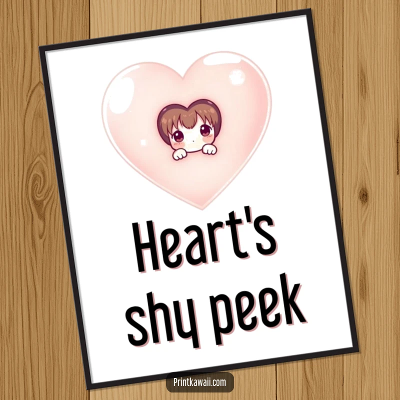 Funny digital art print of a shy character peeking from behind a large, shimmering heart, perfect for subtle wall decor.