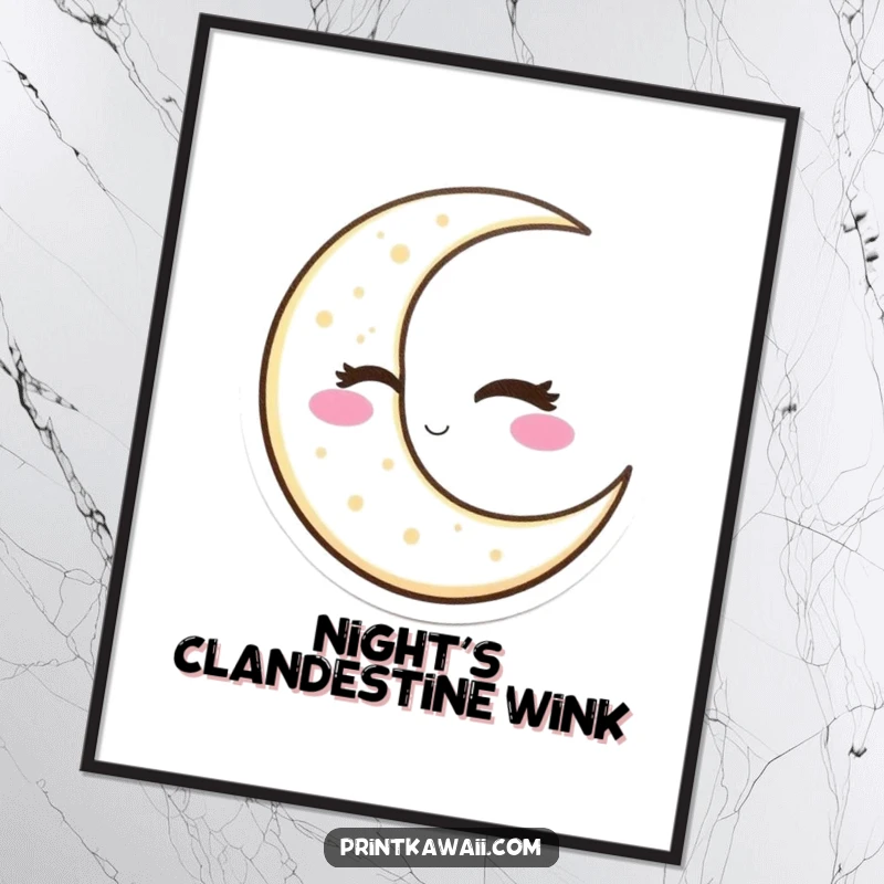 Funny Winking Moon Digital Art Print featuring a slyly winking crescent moon character, bringing instant cosmic humor and personality to decor, an easy funny gift.
