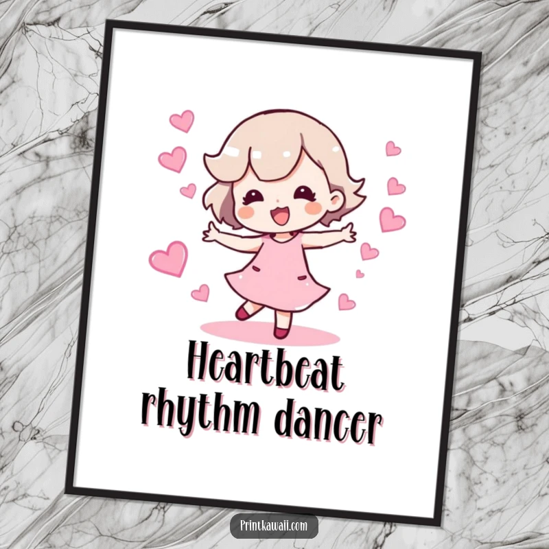 Funny digital art print of a character dancing happily with a sparkling trail of hearts, ideal for joyful decor.