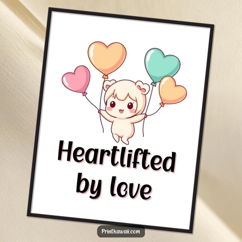 Funny digital art print of a cute kawaii character playfully floating with heart-shaped balloons, symbolizing joy and whimsy.
