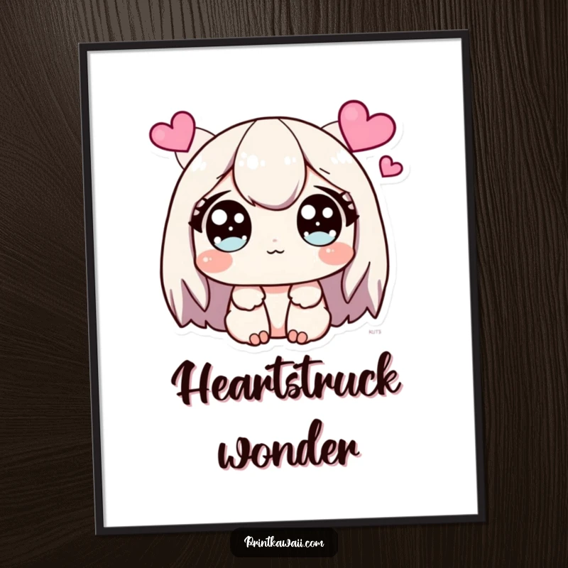 Funny Digital Art Print of a cute character with wide, sparkling eyes looking at hearts.