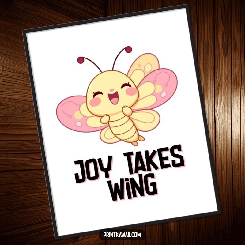 Funny delighted butterfly character digital art print, fluttering joyfully with vibrant wings, a symbol of happiness and beauty, funny gift.