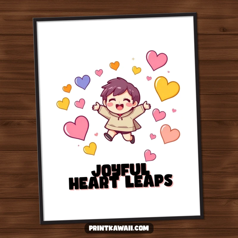 Funny digital art print of a character with a delighted expression leaping joyfully amongst colorful, floating hearts, perfect for wall decor.