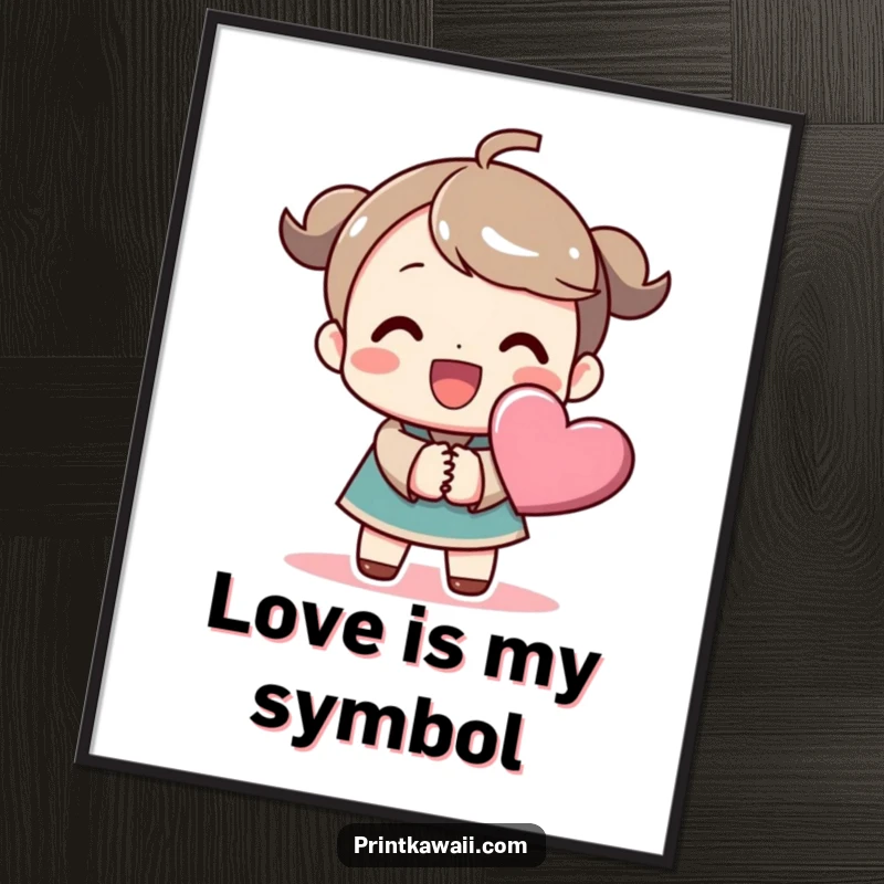 Funny digital art print of a beaming character holding hands with a stylized heart symbol, perfect for decoration and spreading joy.