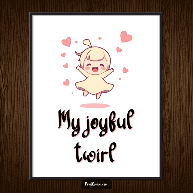 Funny digital art of a character doing a joyful spin with tiny hearts floating around, perfect for instant, cheerful decor.