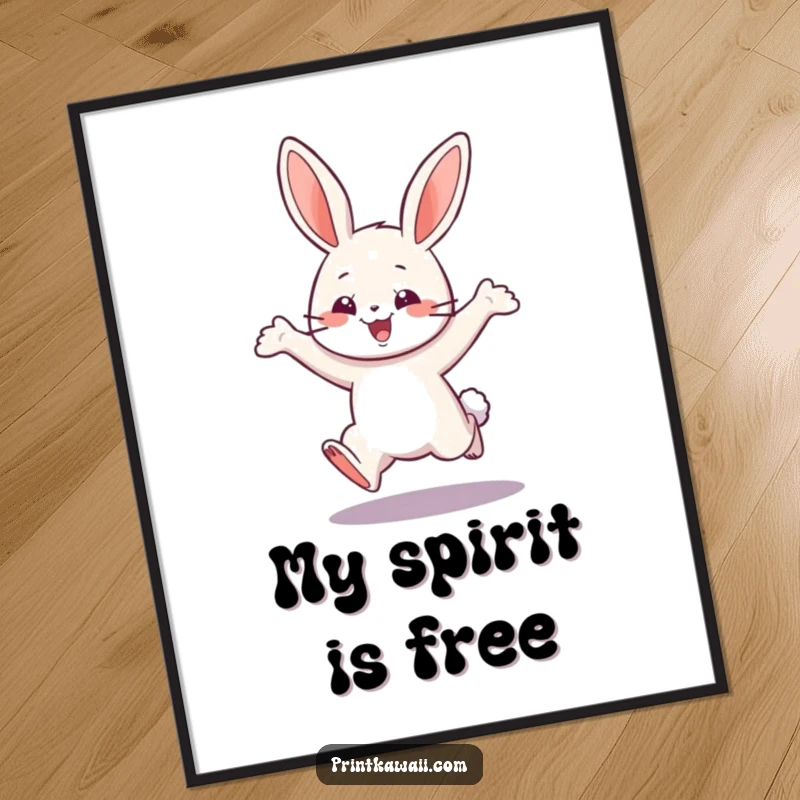 Funny digital art print of a playful bunny character in a happy leap, symbolizing instant joy for screens.