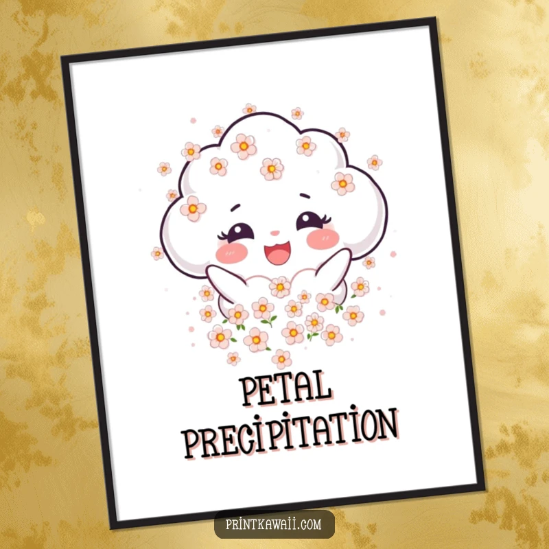 Funny Digital Art of a joyful cloud character showering blossoms, ready to download for peaceful and blooming wall decor.