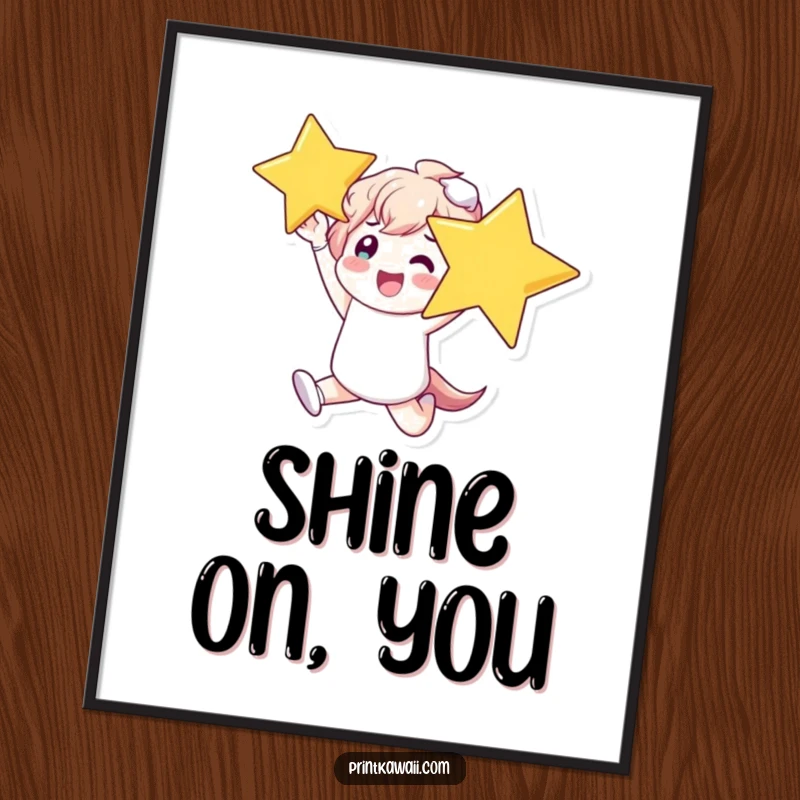 Funny Digital Art Print of a character leaping with ultimate glee, clutching a massive, luminous star, bringing instant happiness.