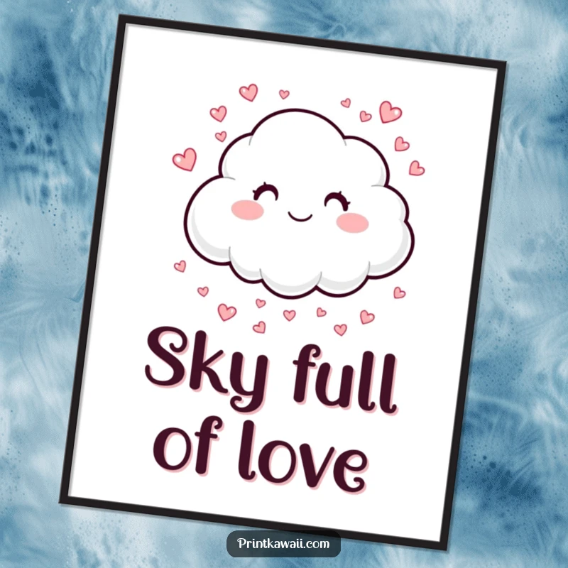Funny digital art print of a smiling cloud sprinkling hearts, perfect for instantly sharing gentle love, a funny gift.