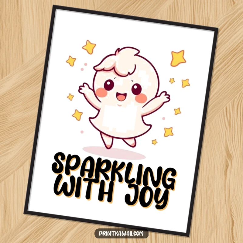 Funny Kawaii Dance Digital Art Print: Whimsical character joyfully dancing with shimmering stars, perfect for vibrant decor.
