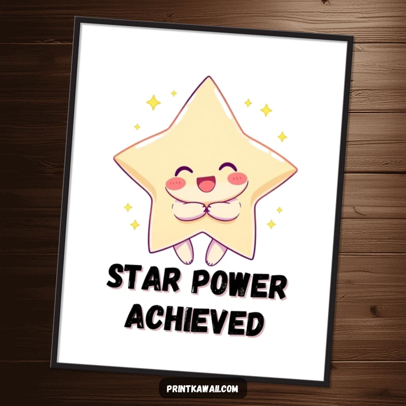 Funny digital art print of a character smiling, hugging a large, sparkling star, symbolizing joy and cosmic achievement.