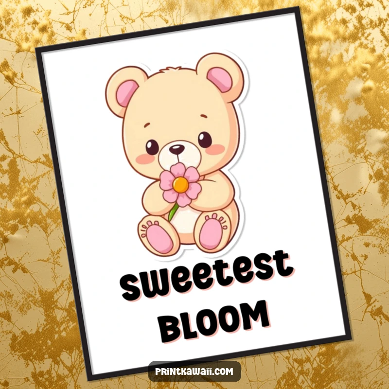 Funny Digital Art of a content teddy bear character holding a flower, ready to download for gentle and warm wall decor.
