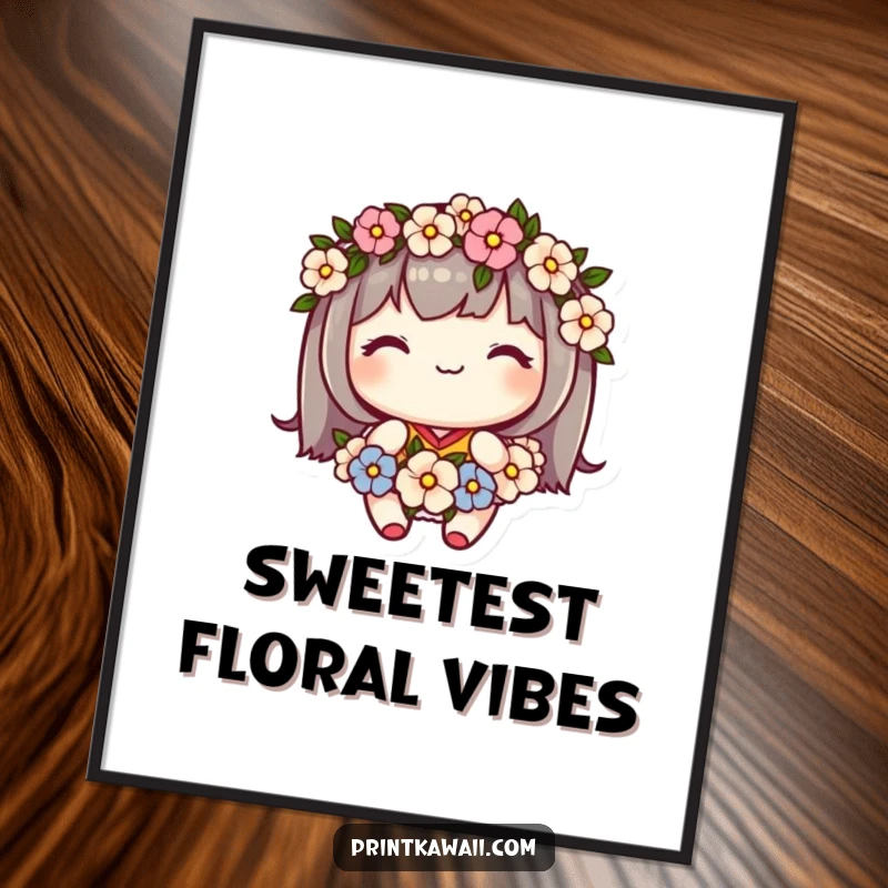 Funny digital art print of a cute kawaii character wearing a flower garland and smiling sweetly, conveying peace and joy.