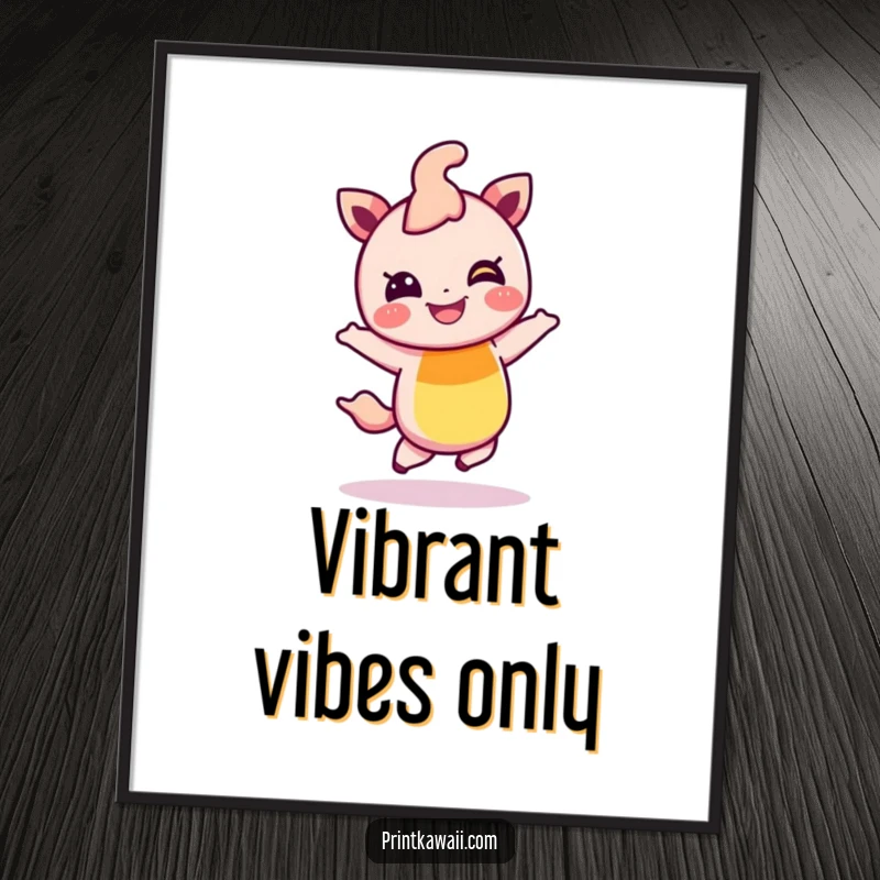 Funny digital art print of a giggling rainbow character in a cheerful hop, radiating fun and vibrant energy for instant wall decor.