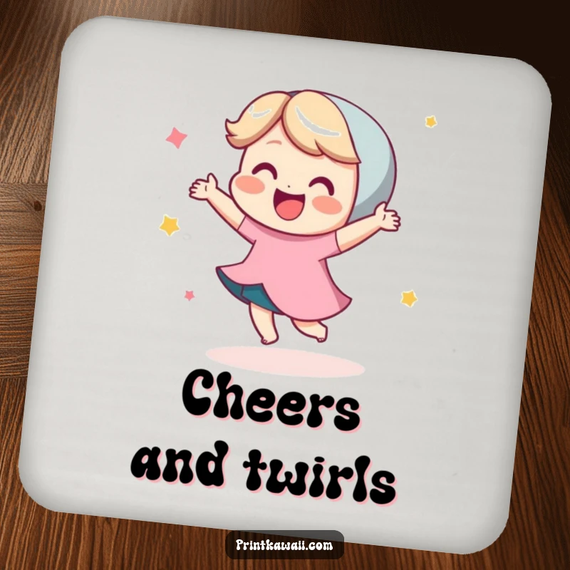 Funny drink coaster illustrating a cute character doing a happy little dance with infectious glee, adding a touch of fun to any surface.