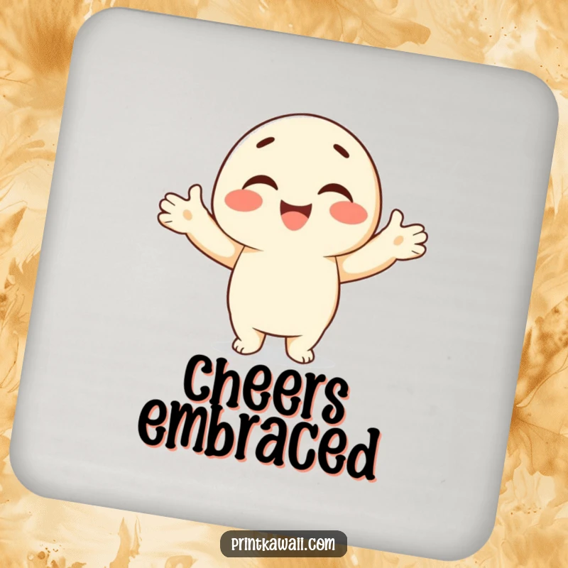 Funny drink coaster featuring a smiling character offering an embrace, protecting surfaces with charm.