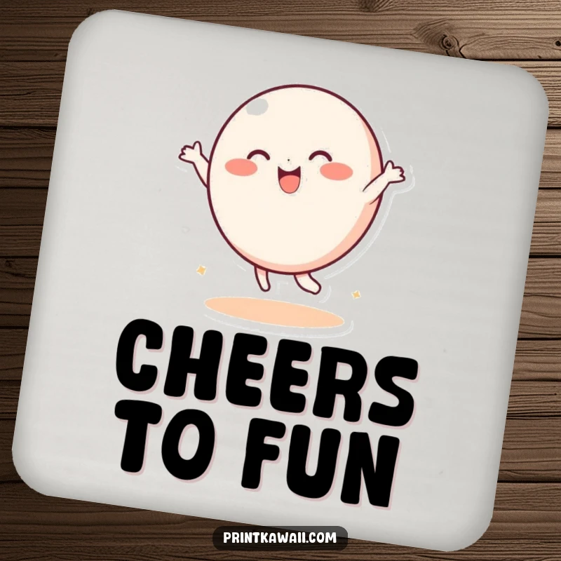 Funny Drink Coasters: A playful, round character dances with joy, protecting surfaces with humorous and energetic art.