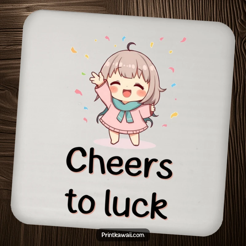 Funny drink coaster with a cute character in a playful pose catching falling confetti, adding playful charm.