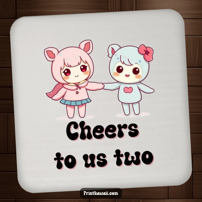 Funny drink coaster featuring two cute kawaii characters holding hands, adding a charming touch to tabletops.