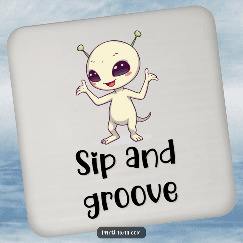 Funny alien character dancing on a set of drink coasters, adding a touch of playful sci-fi humor to any surface.