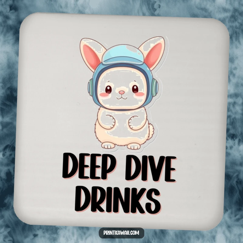 Funny drink coaster with a fluffy bunny character wearing a tiny, oversized diving helmet, for whimsical surface protection.