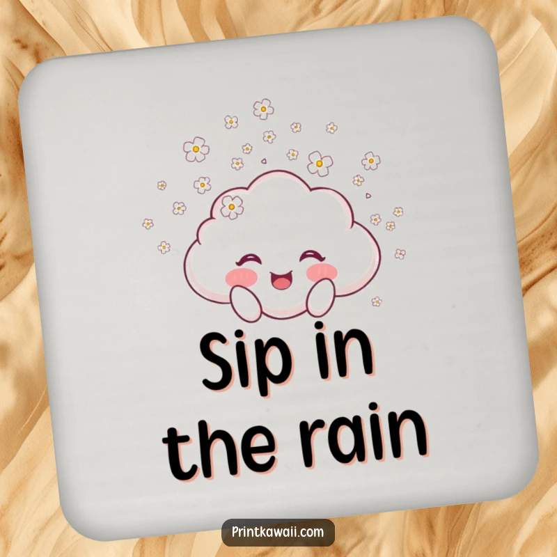 Funny drink coaster with a joyful cloud character showering tiny blossoms, perfect for protecting surfaces and adding a touch of whimsy.