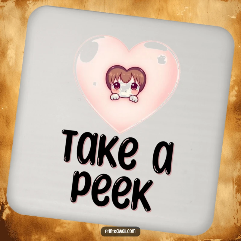 Funny drink coaster with a shy character peeking from behind a shimmering heart, protecting surfaces with understated sweetness.