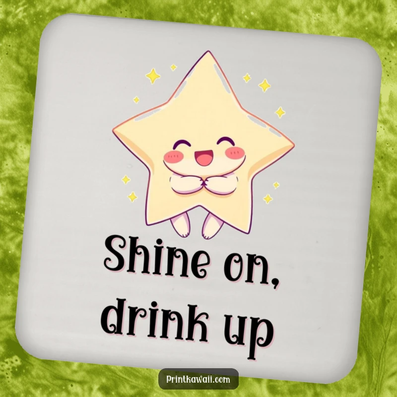 Funny drink coaster with a character smiling and hugging a sparkling star, protecting surfaces with cosmic flair.