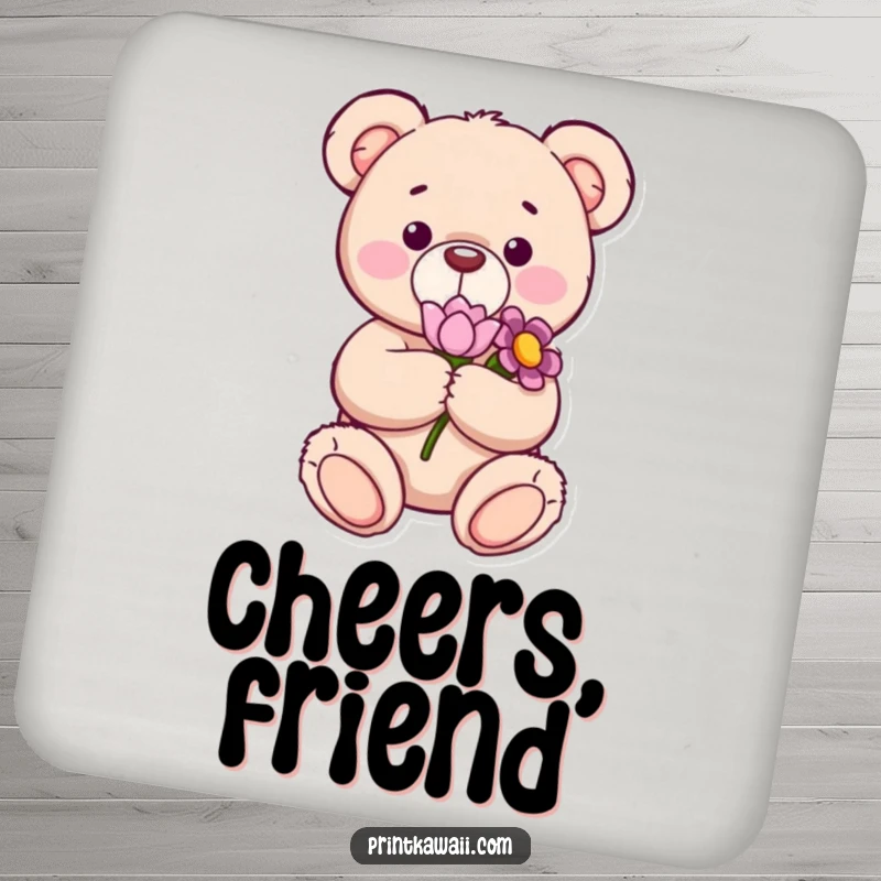 Funny coasters featuring a content teddy bear holding a flower, adding a sweet, gentle touch and protecting surfaces effectively, a charming funny gift.