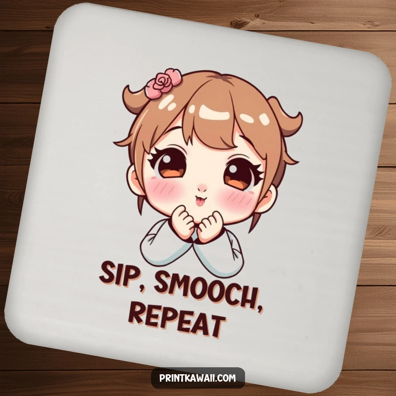 Funny drink coaster with a cute character blowing a kiss with rosy cheeks, protecting surfaces with comic affection.